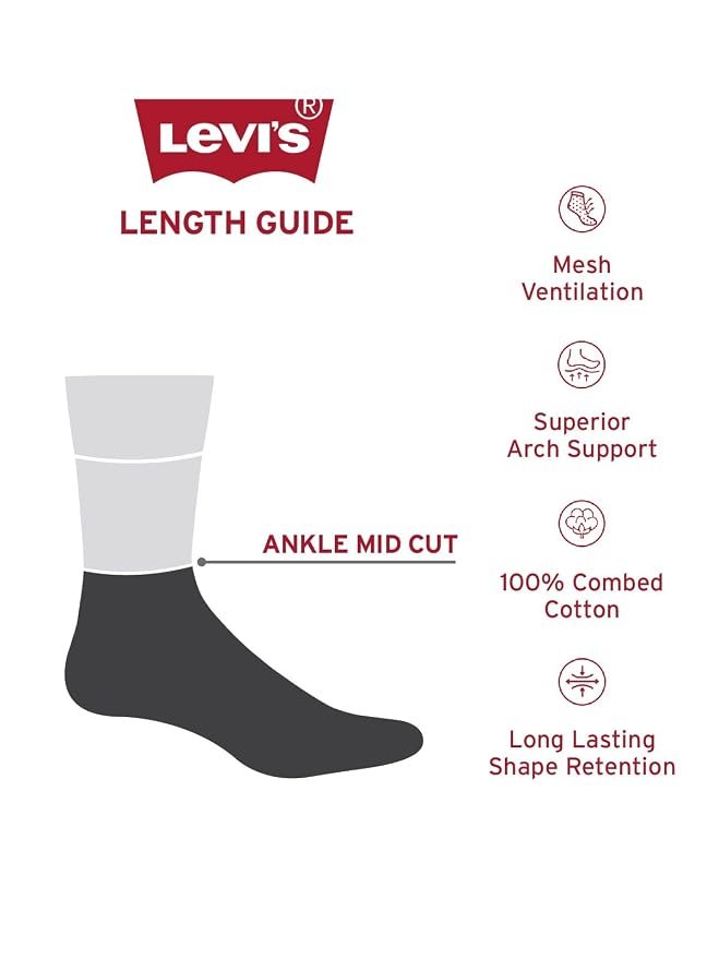 Levi's LS201 Men's Cotton Stretch Ankle Mid Cut Half Terry Socks with Cushioned Sole (Pack of 3) - Image 3