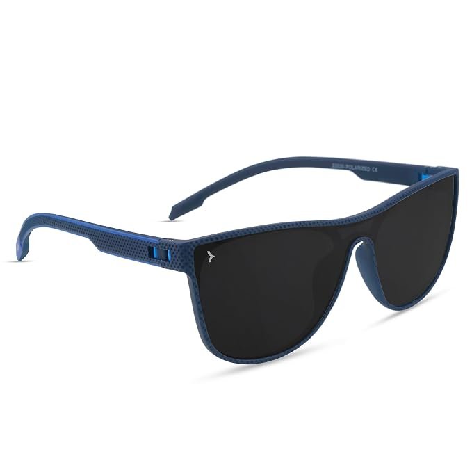 Eyewearlabs KAEN | Polarized Full Rim Rectangular Branded Stylish Sunglasses For Men & Women | 100% UV Protection Shades | Cricket Sports Cycling Driving | Black Lens | Medium | Krew Blue