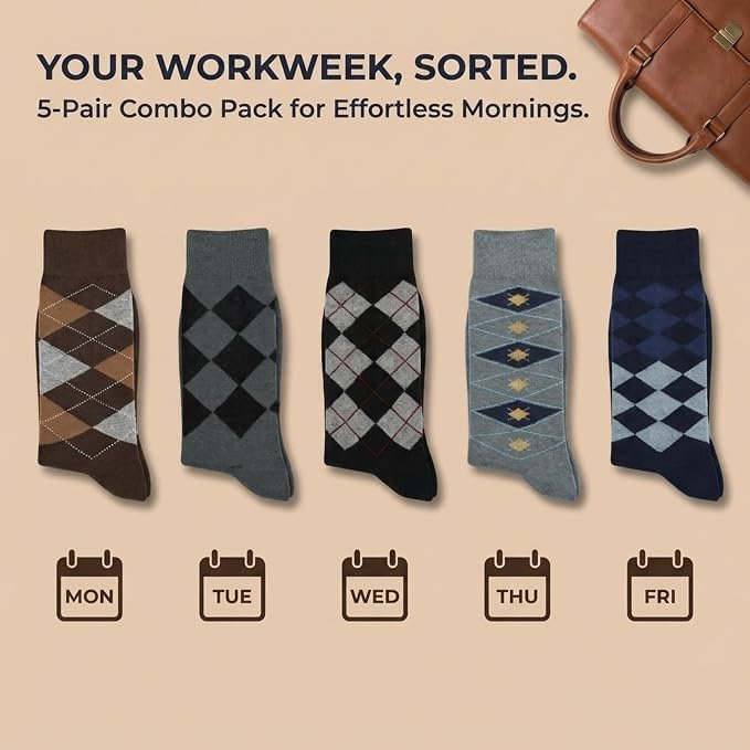 ANCHOR, Cotton Argyle Socks for Men Full Length, Formal Cotton Mens Socks, Free Size, Pack of 5 - Image 2